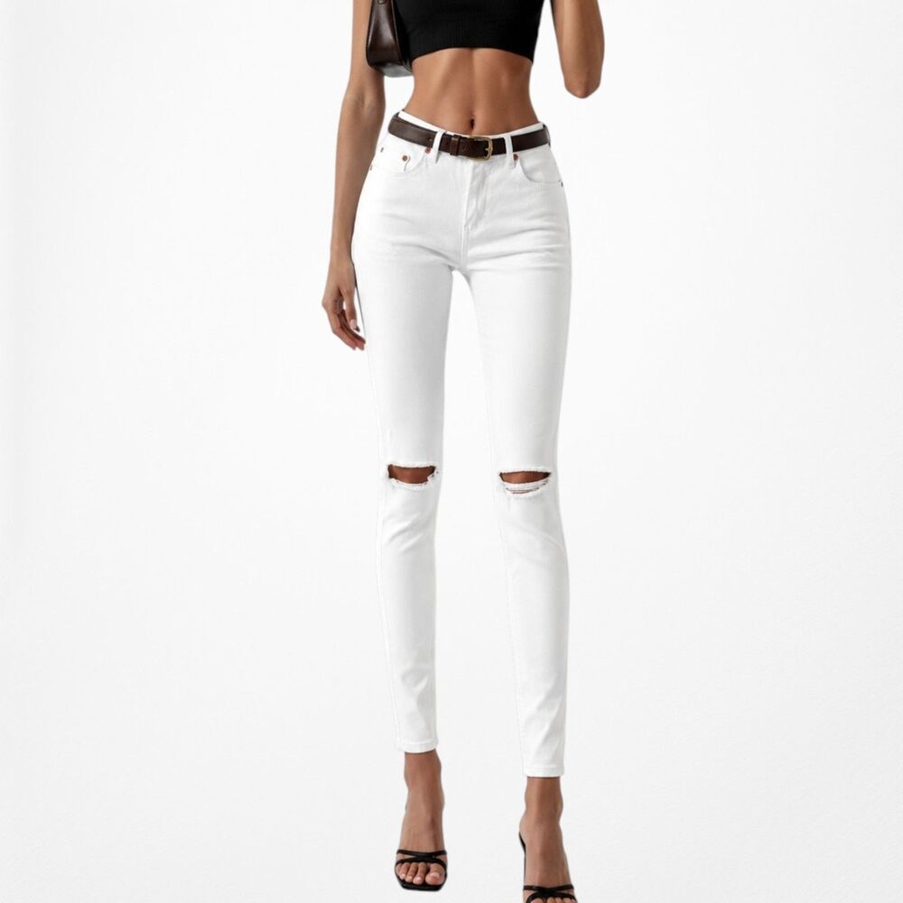 Topshop White High Waisted Distressed Ripped Knees Skinny Denim Jeans Size 24/XS
